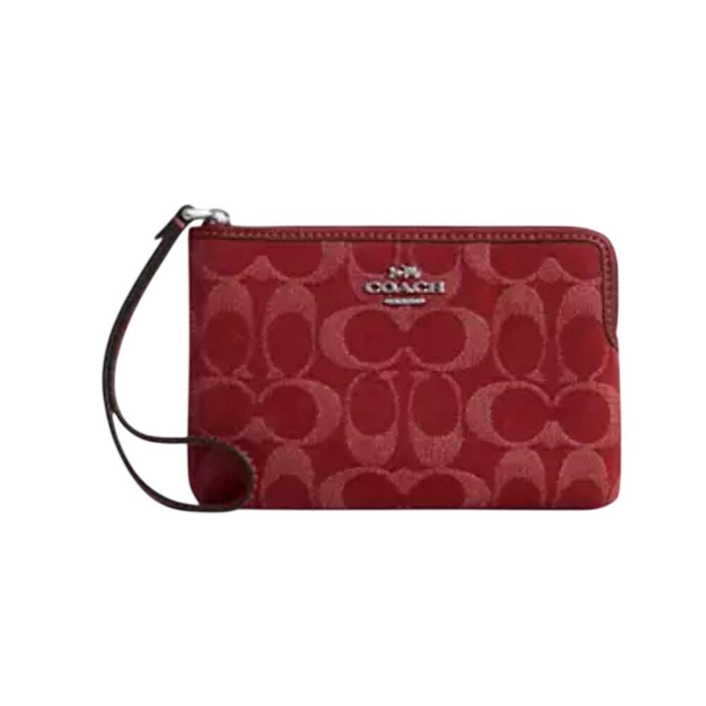 Corner Zip Wristlet In Signature Denim /Silver/True Red NWT